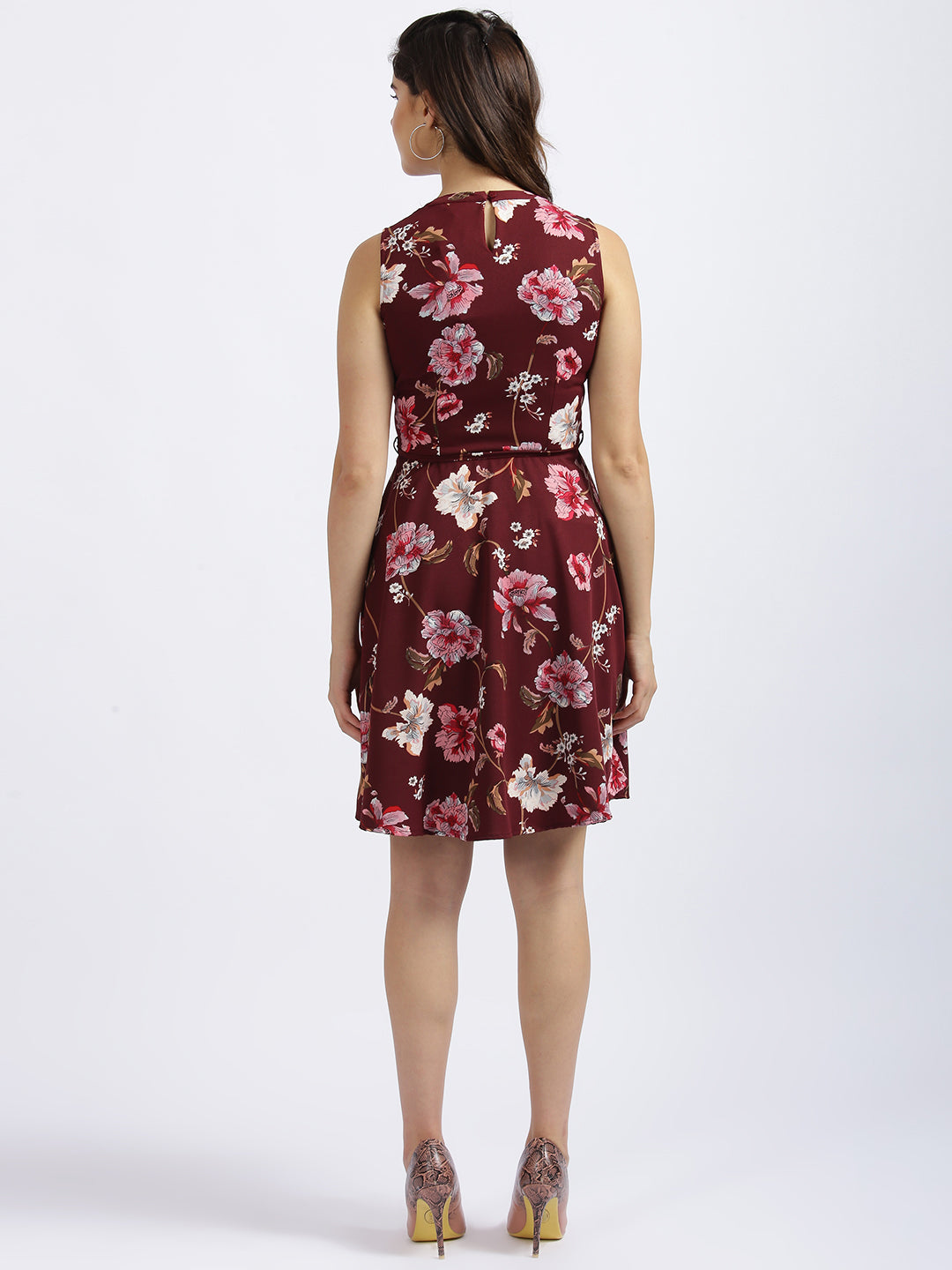 Maroon Floral Print Fit & Flare Dress