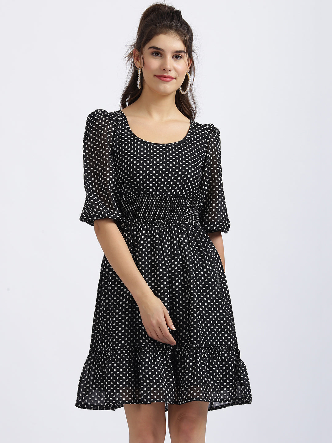 Black Polka Puff Sleeve Short Dress