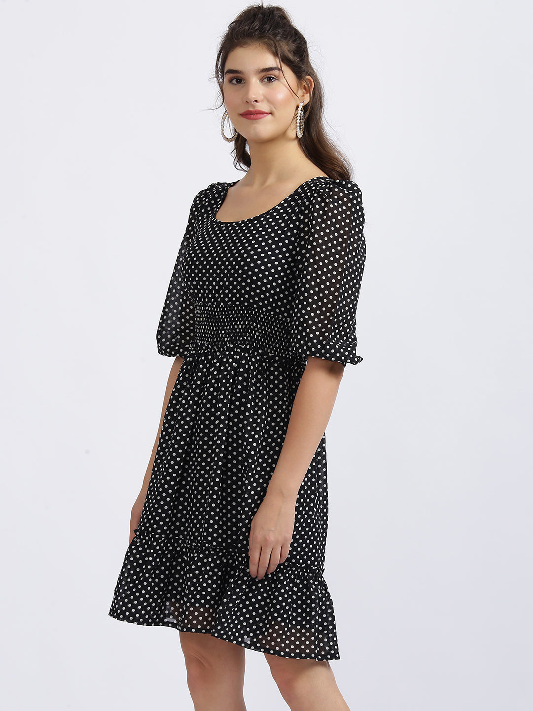 Black Polka Puff Sleeve Short Dress