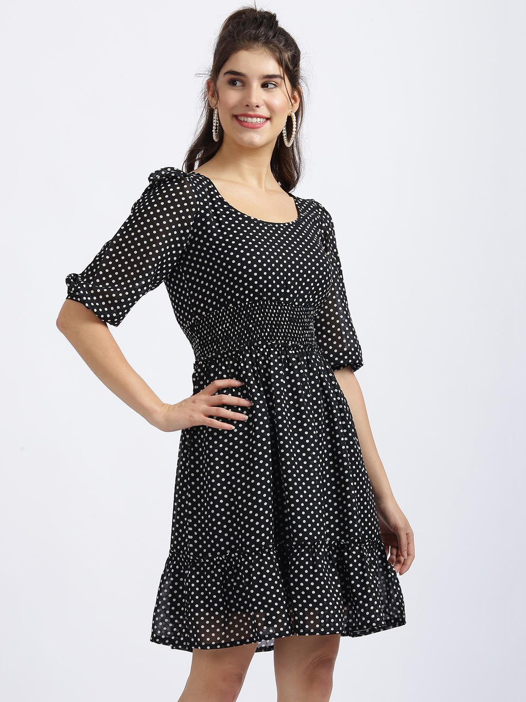 Black Polka Puff Sleeve Short Dress