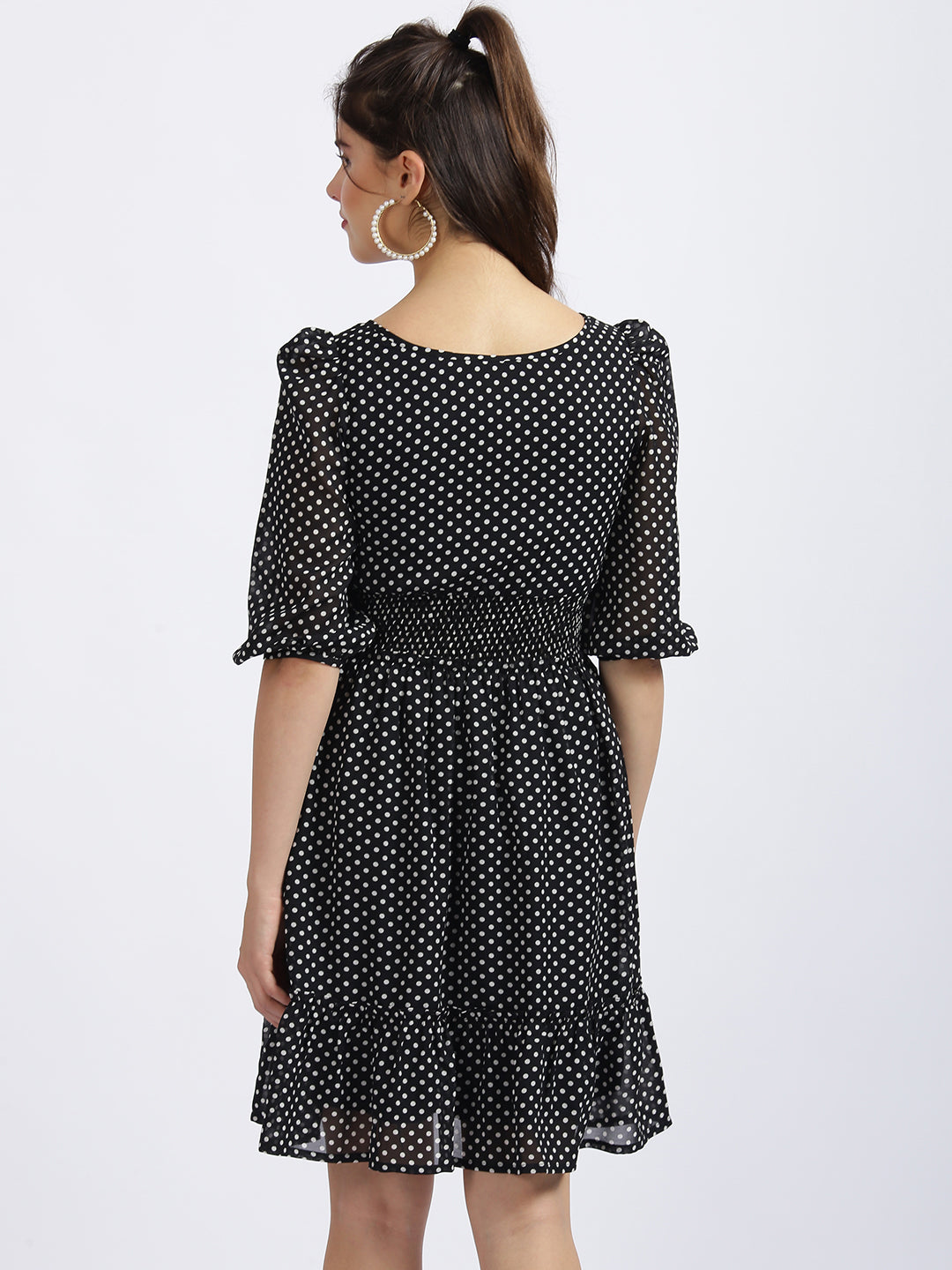 Black Polka Puff Sleeve Short Dress