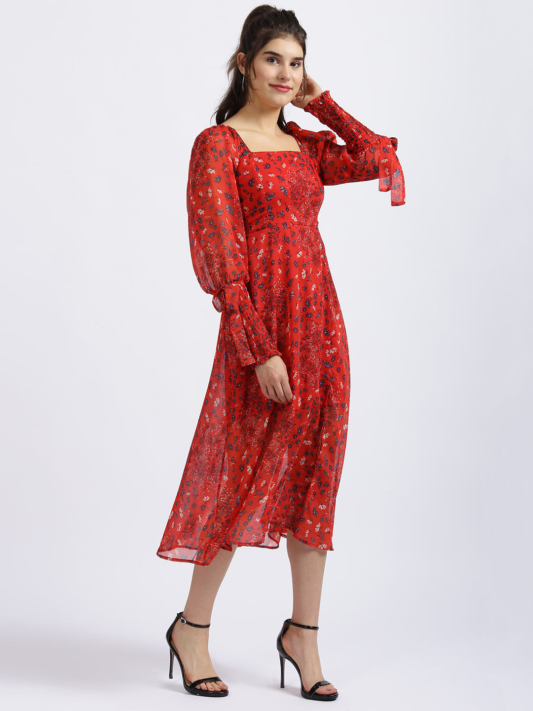 Red Floral Print Fit & Flare Dress