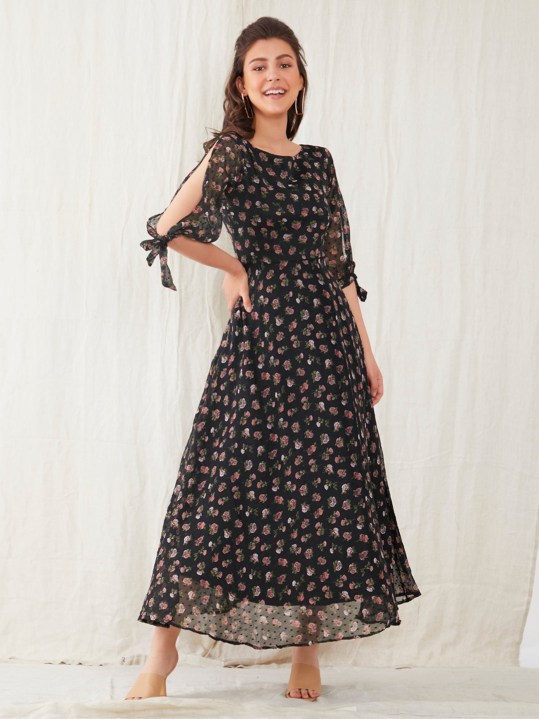 Black Floral Print Fit & Flare Dress