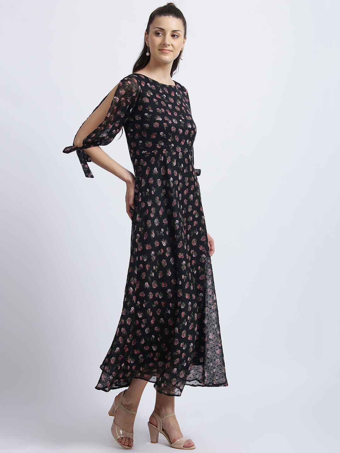 Black Floral Print Fit & Flare Dress