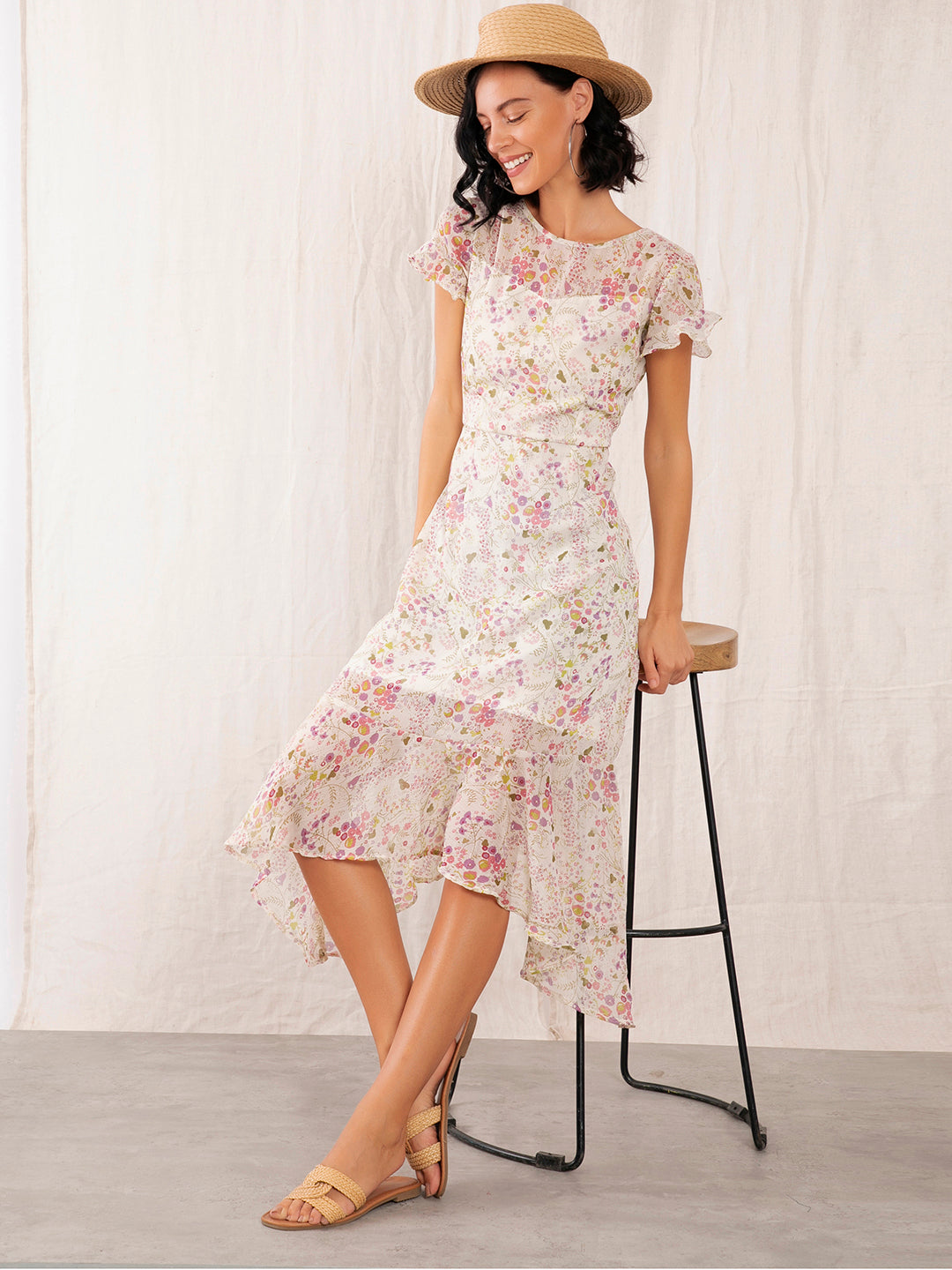 Off White Floral Print Fit & Flare Dress