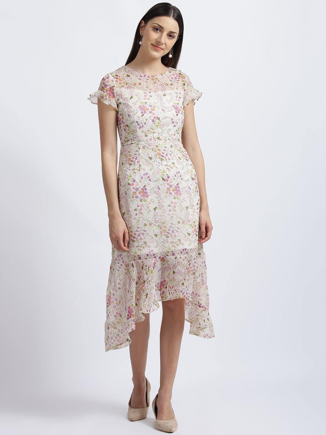 Off White Floral Print Fit & Flare Dress