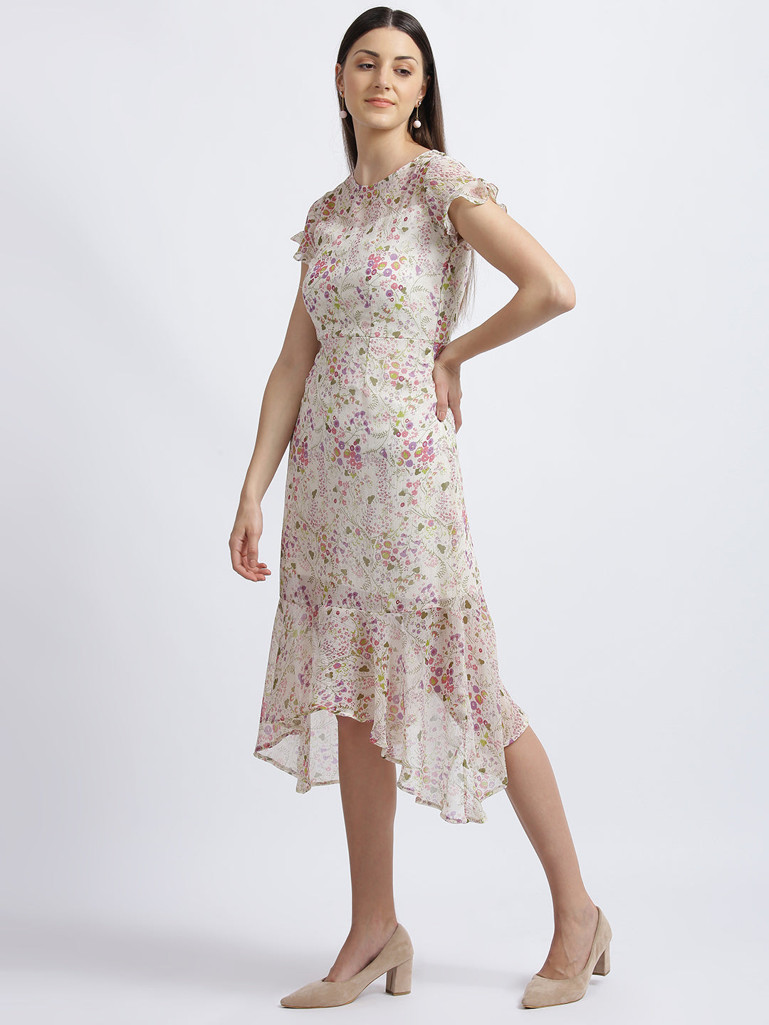 Off White Floral Print Fit & Flare Dress