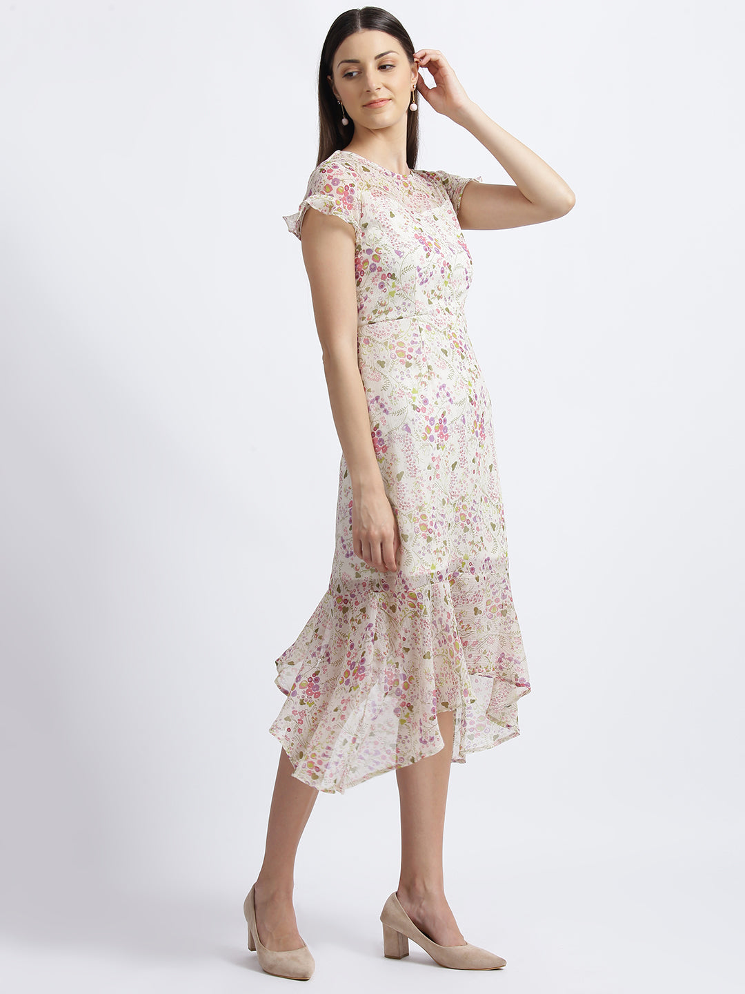 Off White Floral Print Fit & Flare Dress