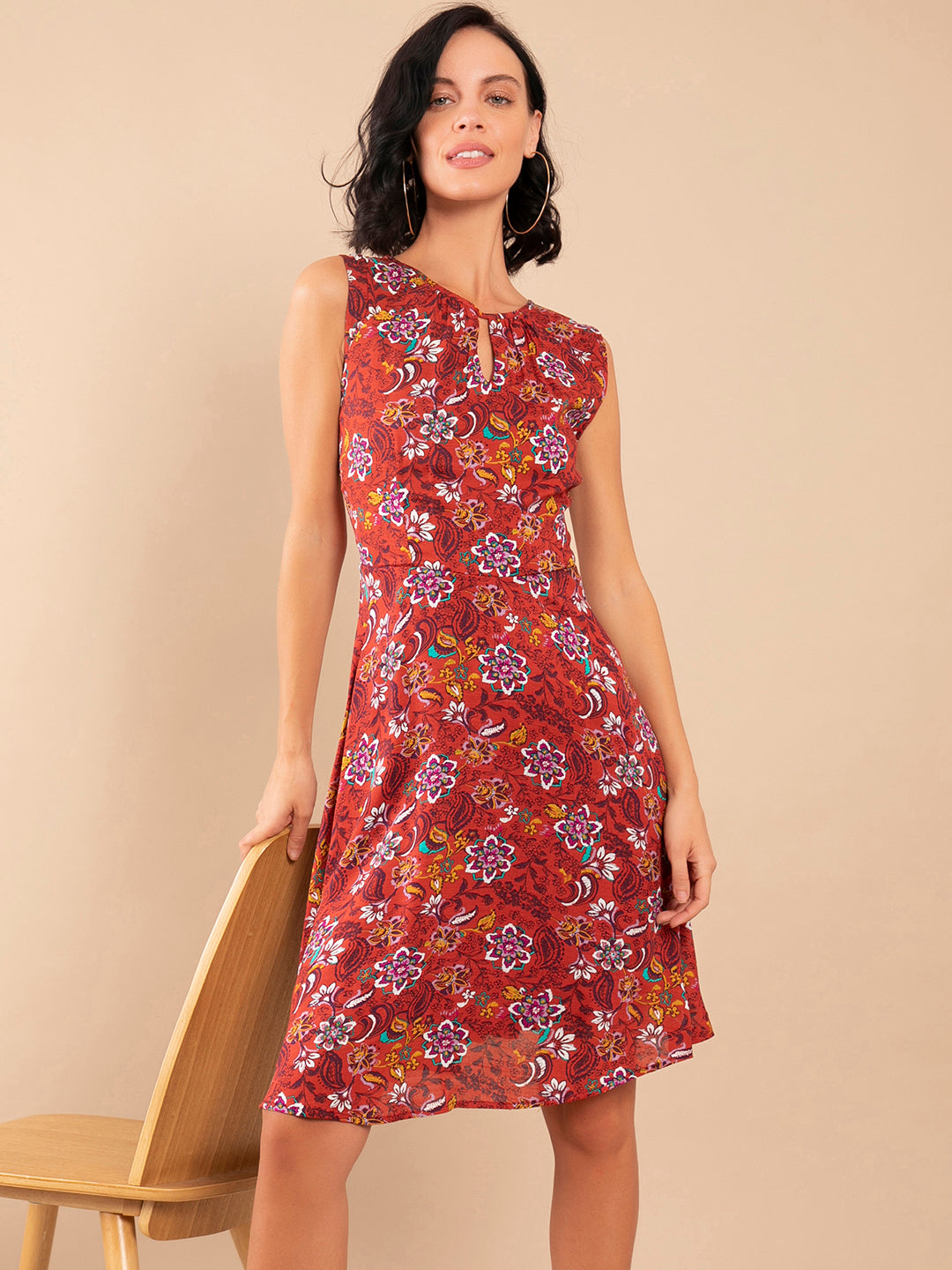 Rust Floral Print Gathered Dress