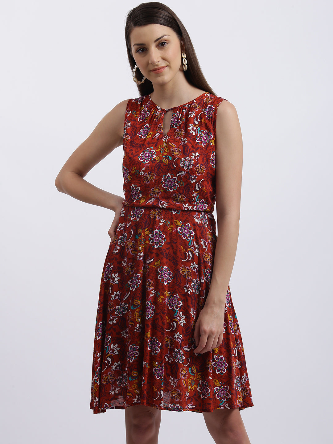 Rust Floral Print Gathered Dress