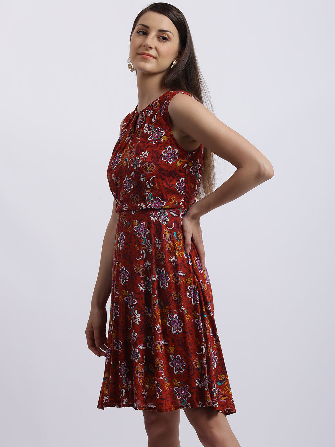 Rust Floral Print Gathered Dress