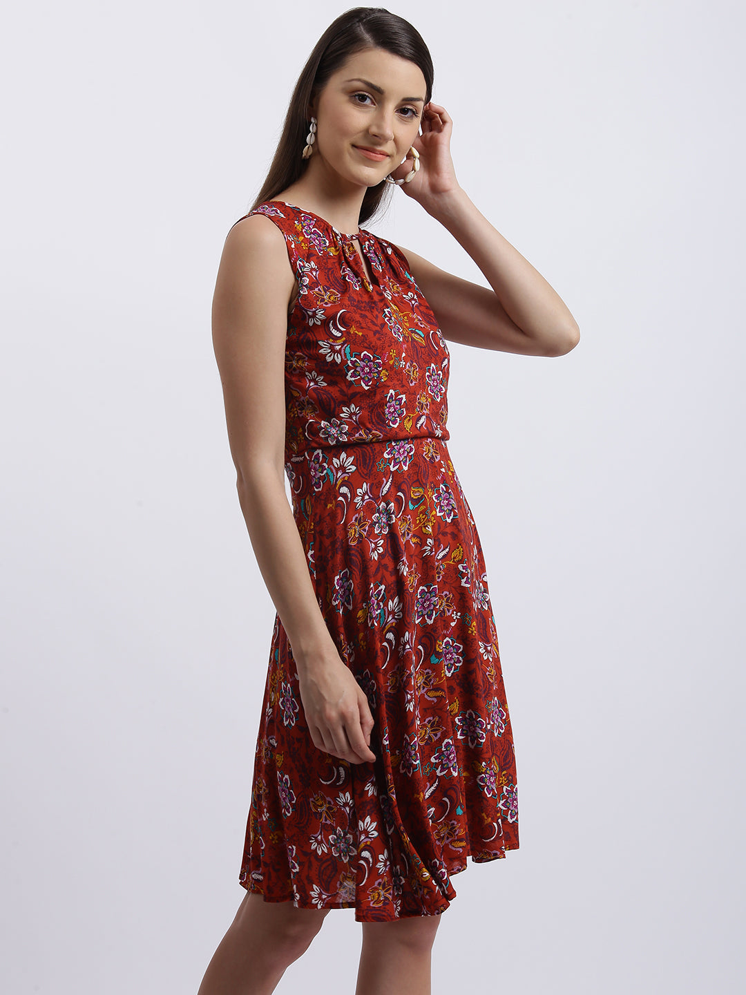 Rust Floral Print Gathered Dress