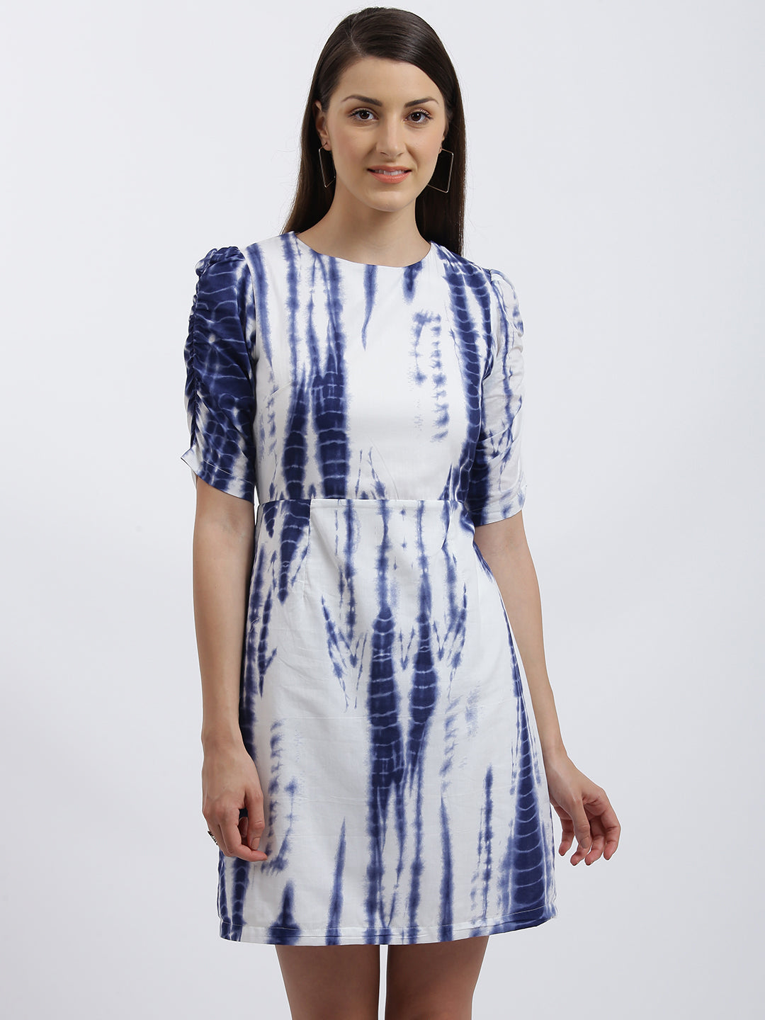 Blue & White Tie and Dye Gathered Dress