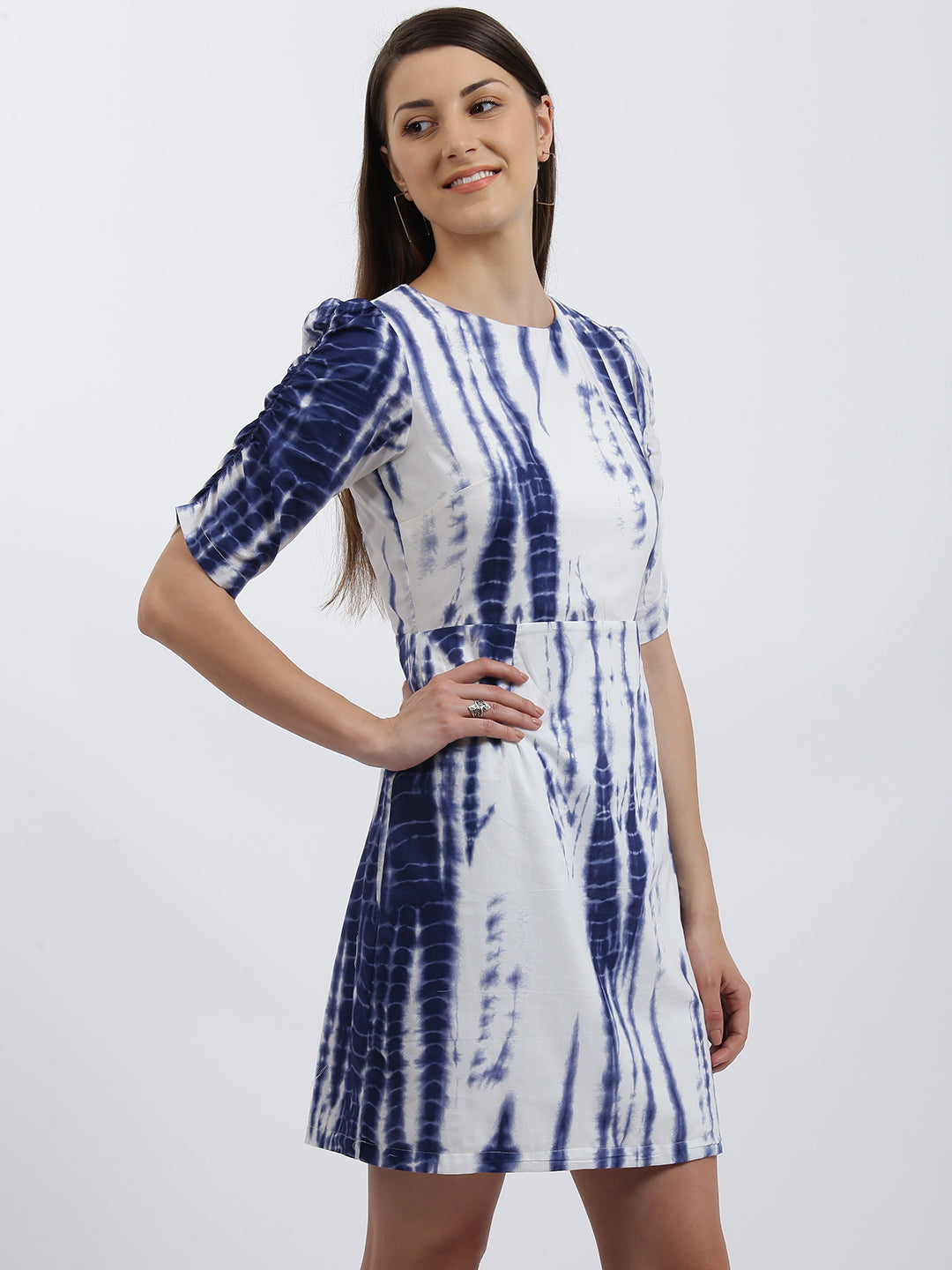 Blue & White Tie and Dye Gathered Dress