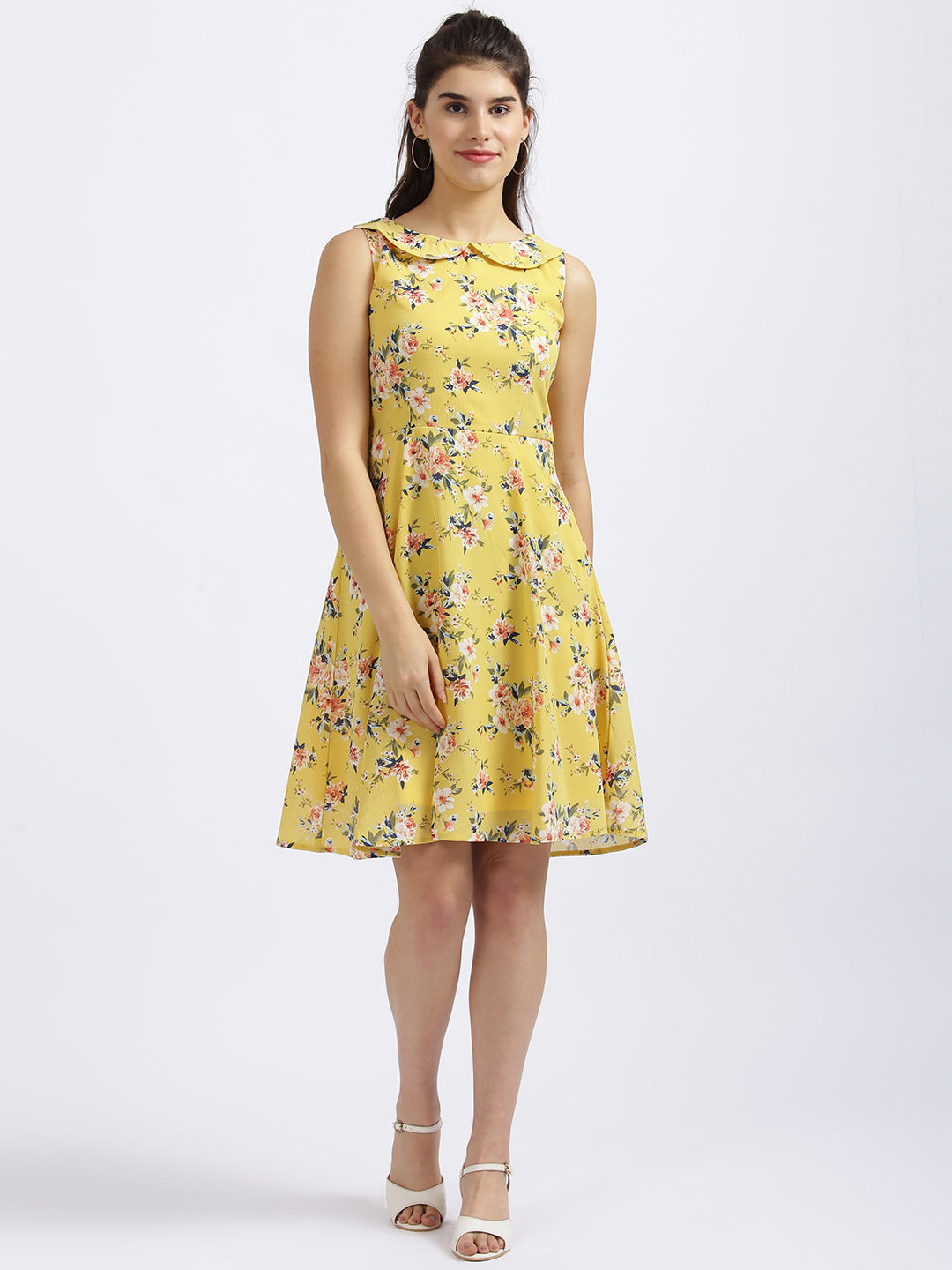 Yellow Floral Print Fit & Flare Dress