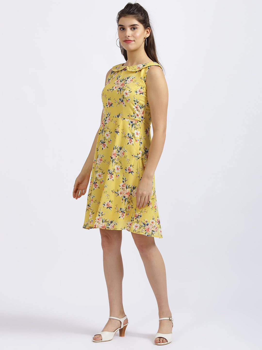 Yellow Floral Print Fit & Flare Dress