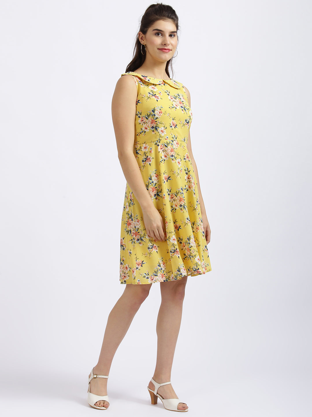 Yellow Floral Print Fit & Flare Dress