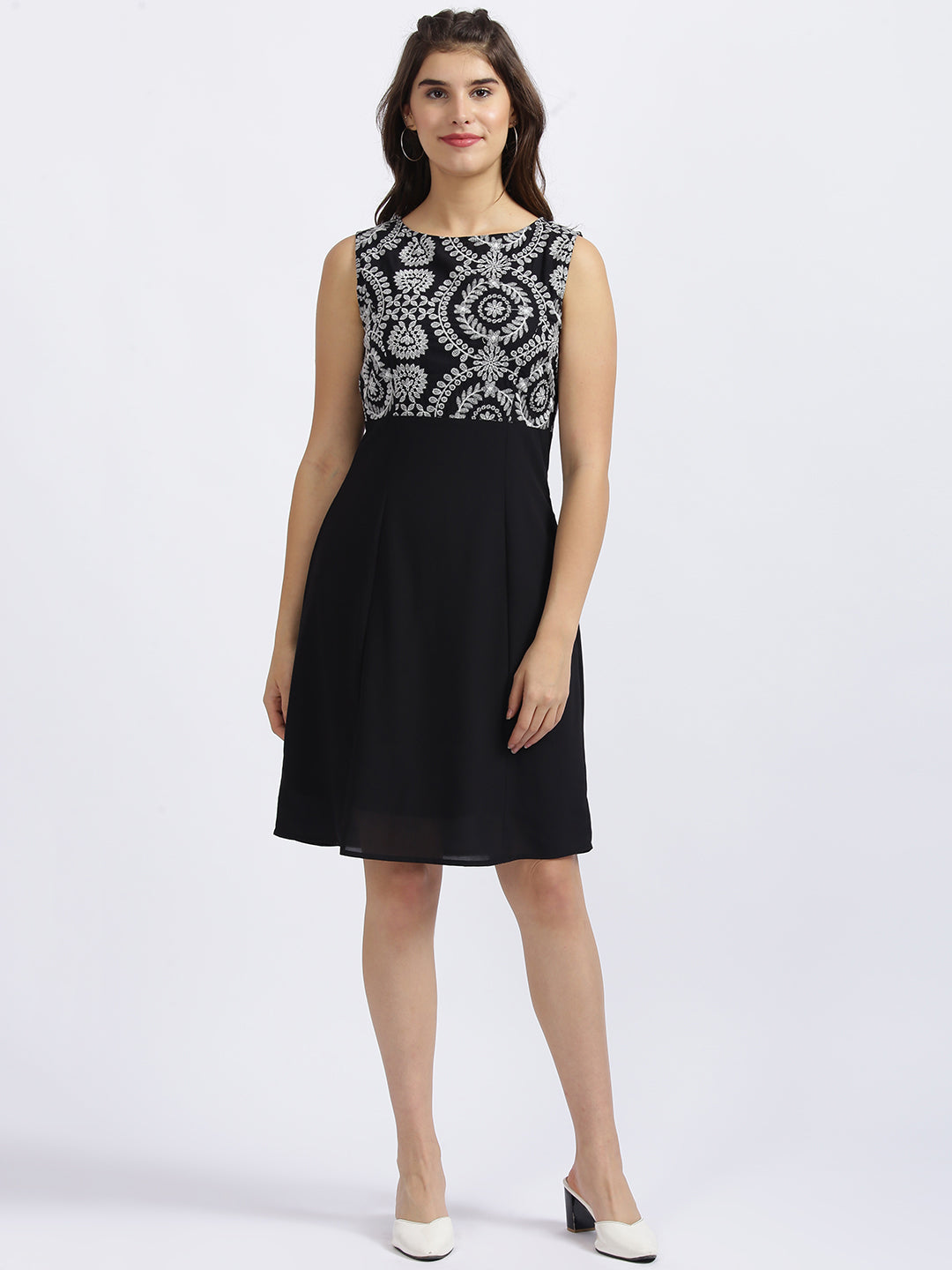 Black Embroidered A-Line Dress