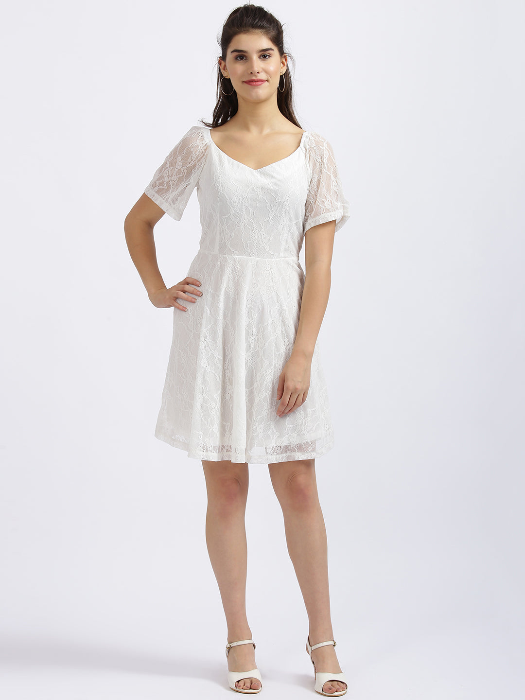 White Self Design Fit & Flare Dress