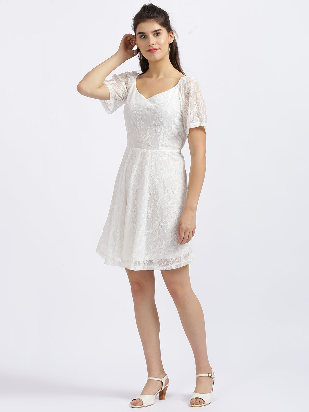 White Self Design Fit & Flare Dress