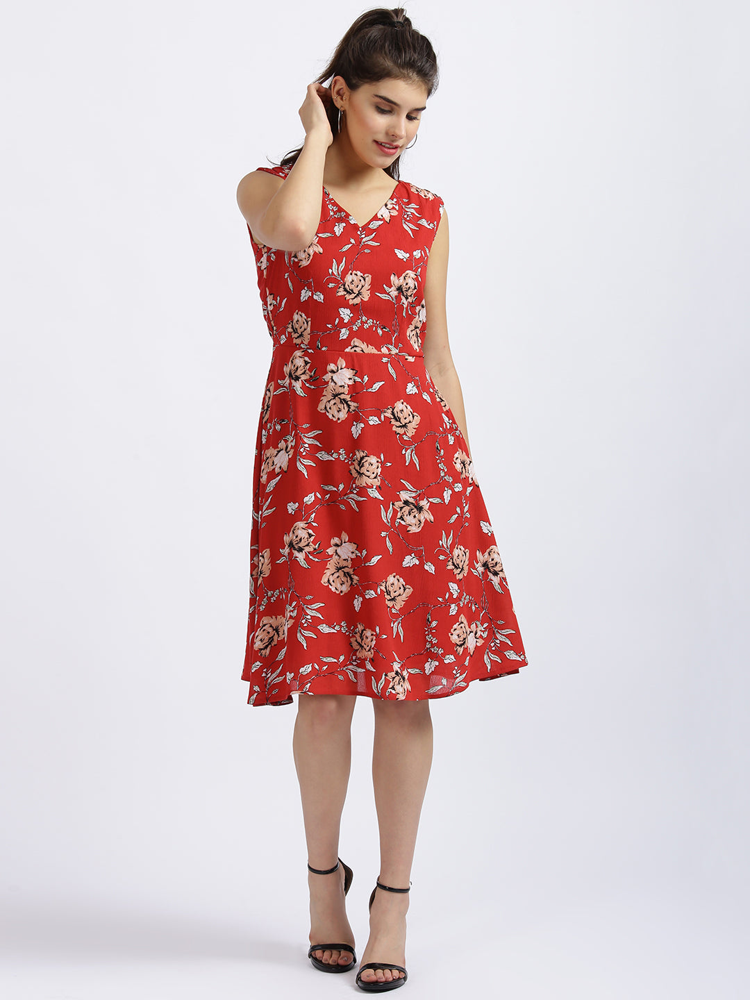 Red Floral Print Fit & Flare Dress