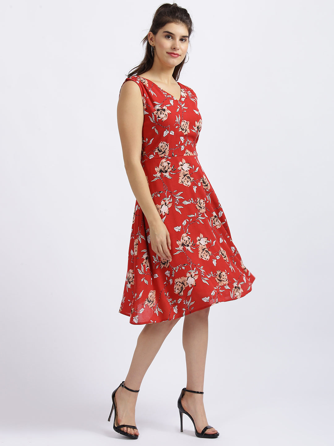 Red Floral Print Fit & Flare Dress