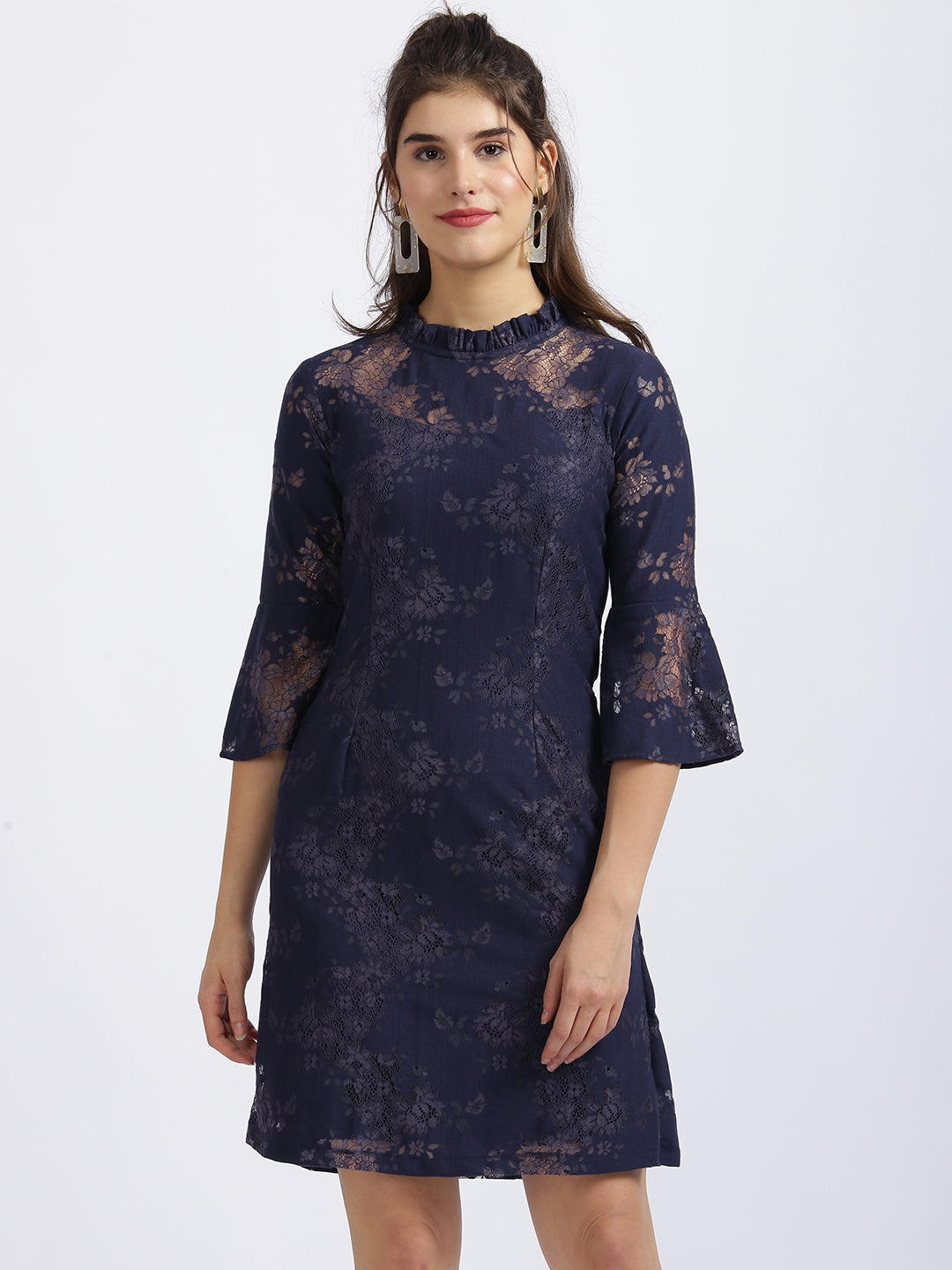 Navy Blue Self Design Fit & Flare Dress