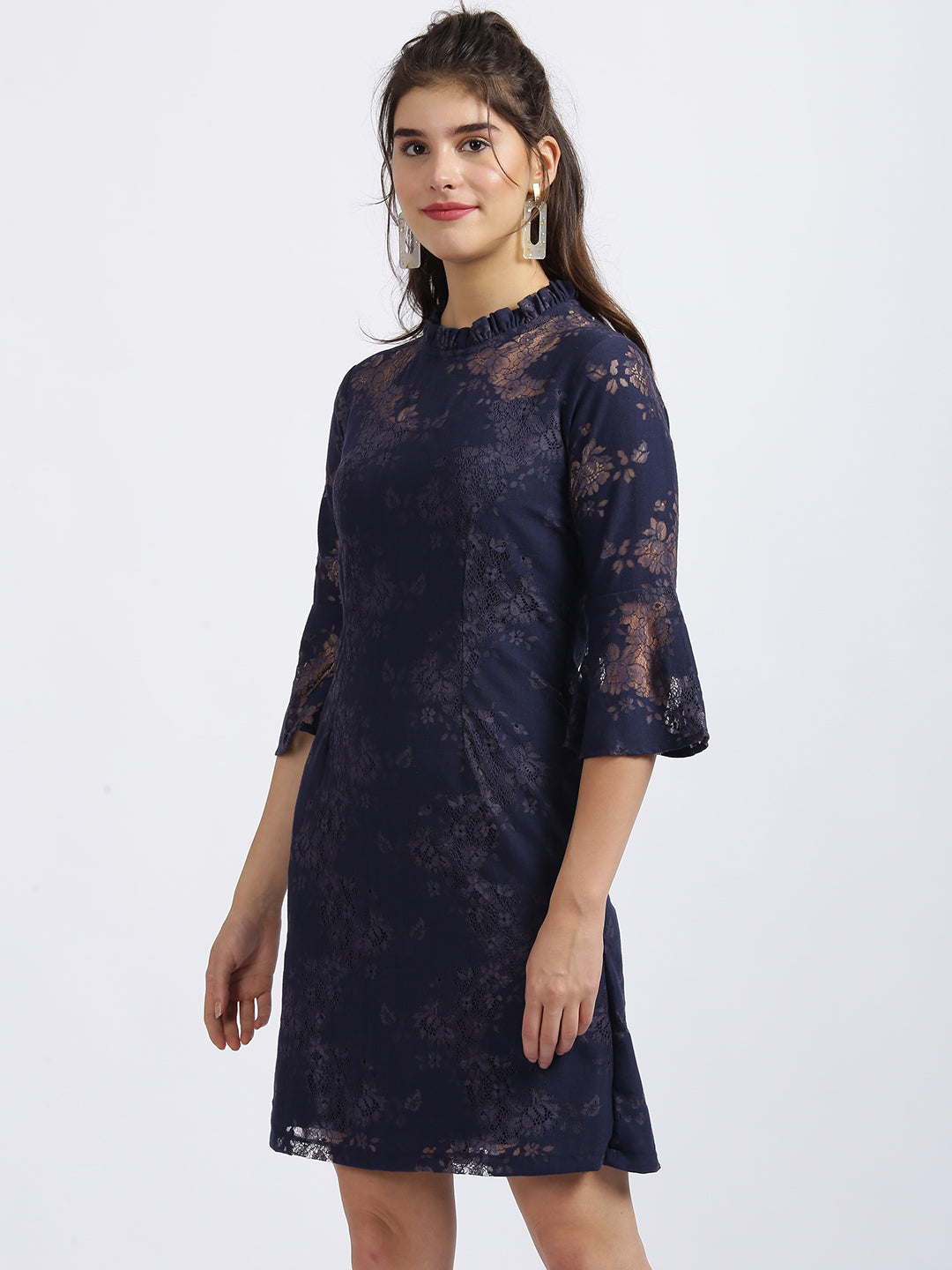 Navy Blue Self Design Fit & Flare Dress