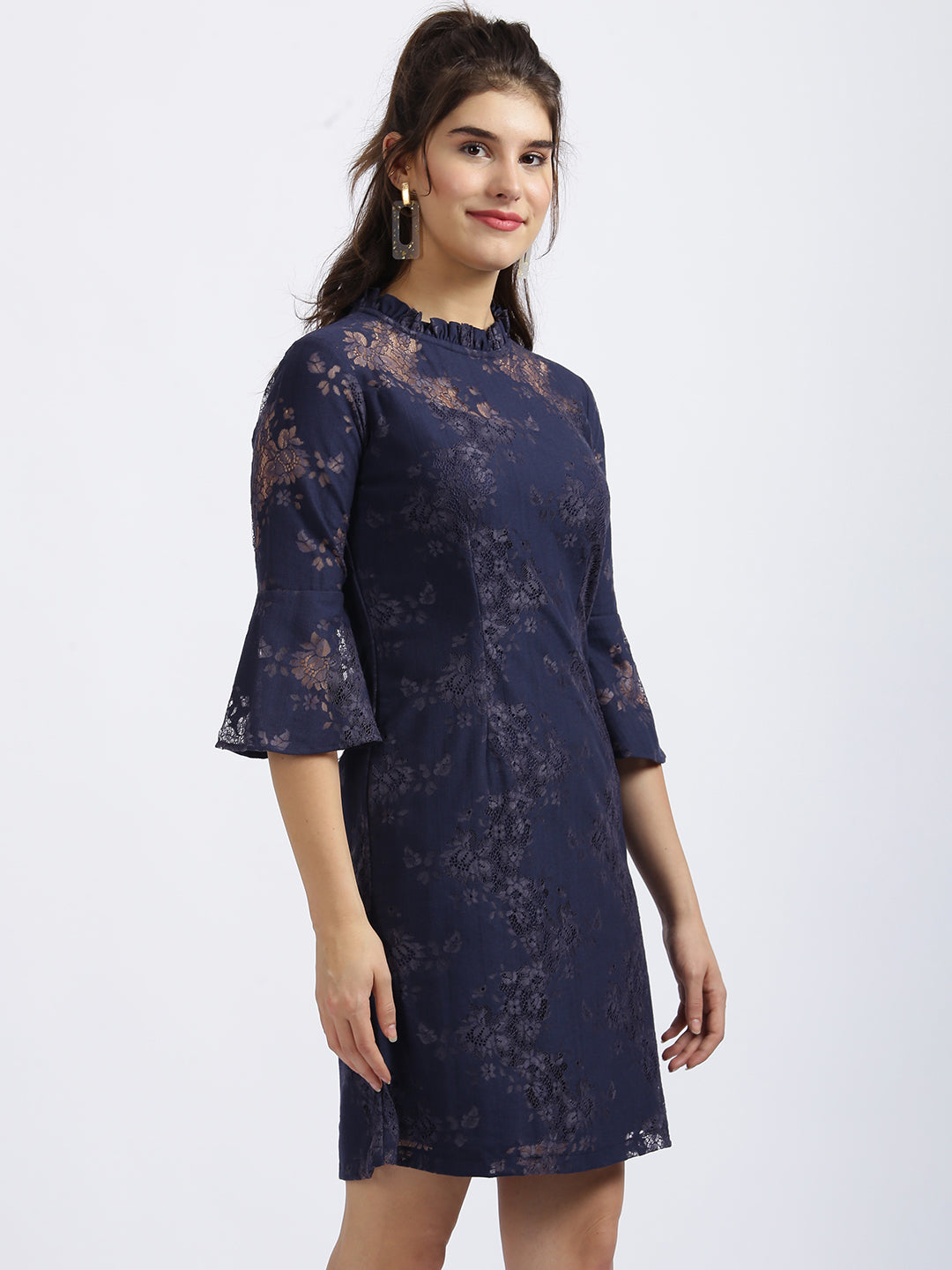 Navy Blue Self Design Fit & Flare Dress