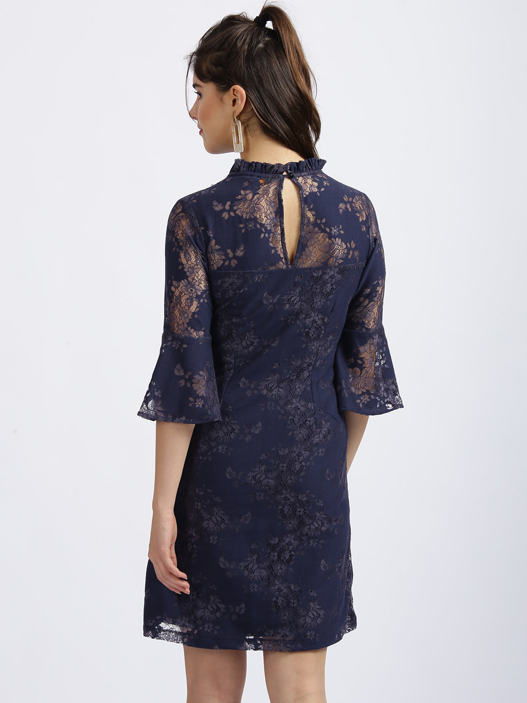 Navy Blue Self Design Fit & Flare Dress