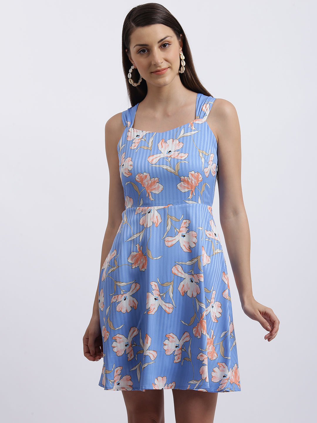 Blue Floral Print Fit & Flare Dress
