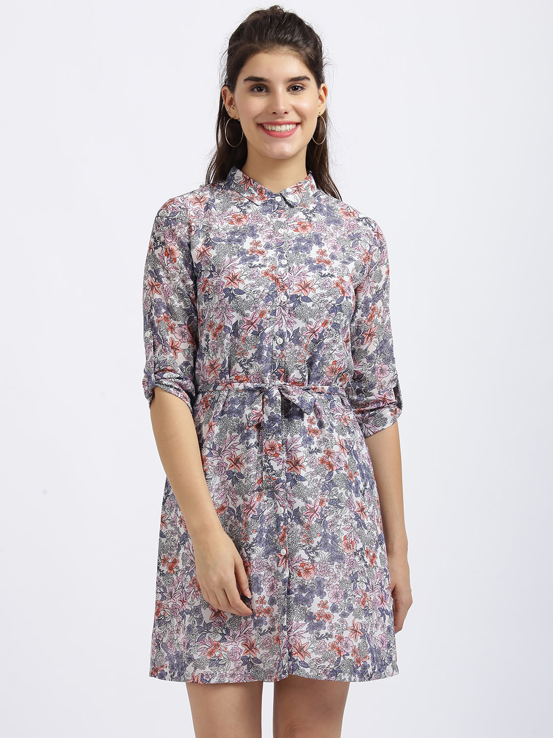 White Floral Print Shirt Dress Dress