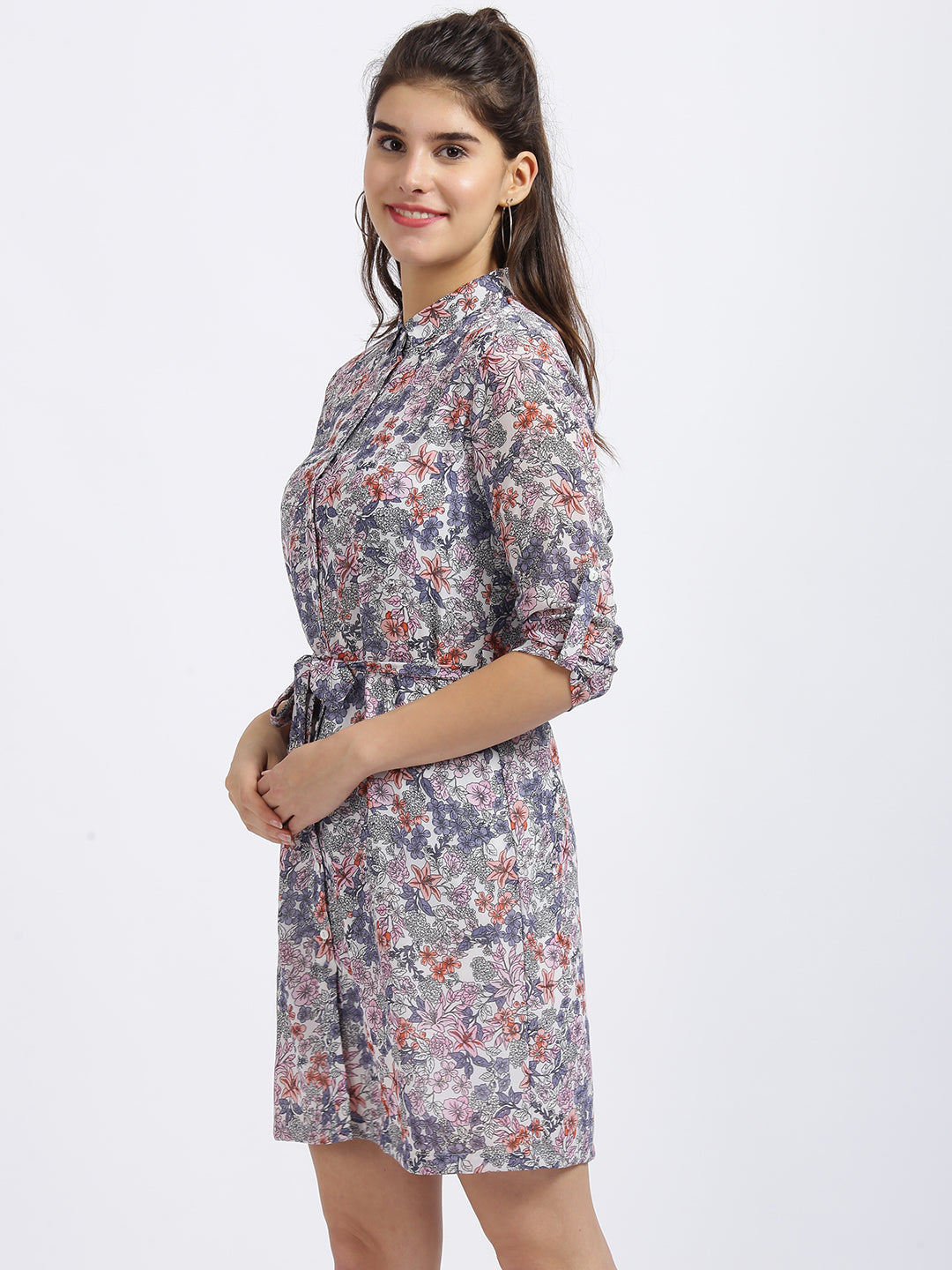 White Floral Print Shirt Dress Dress