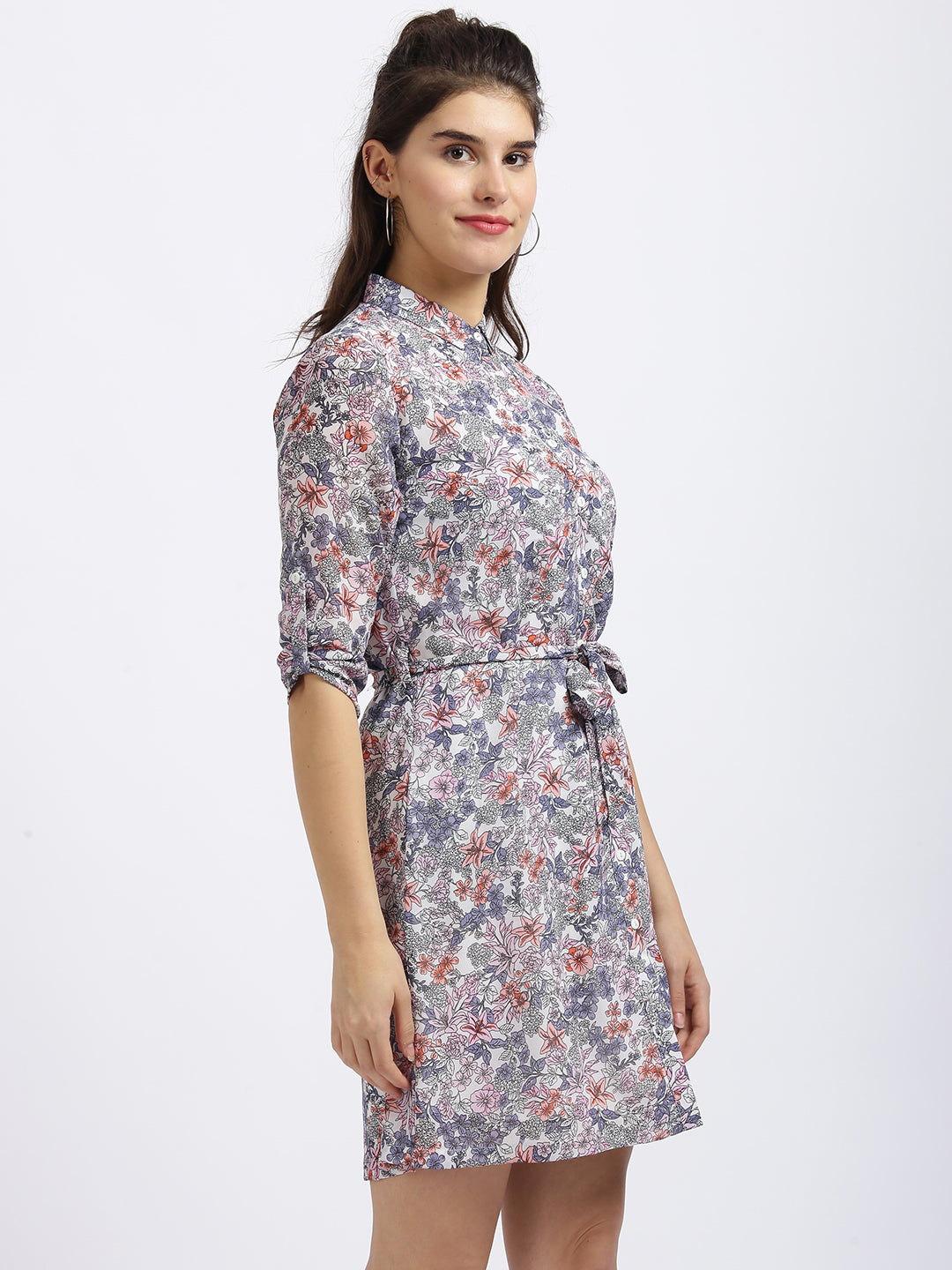 White Floral Print Shirt Dress Dress