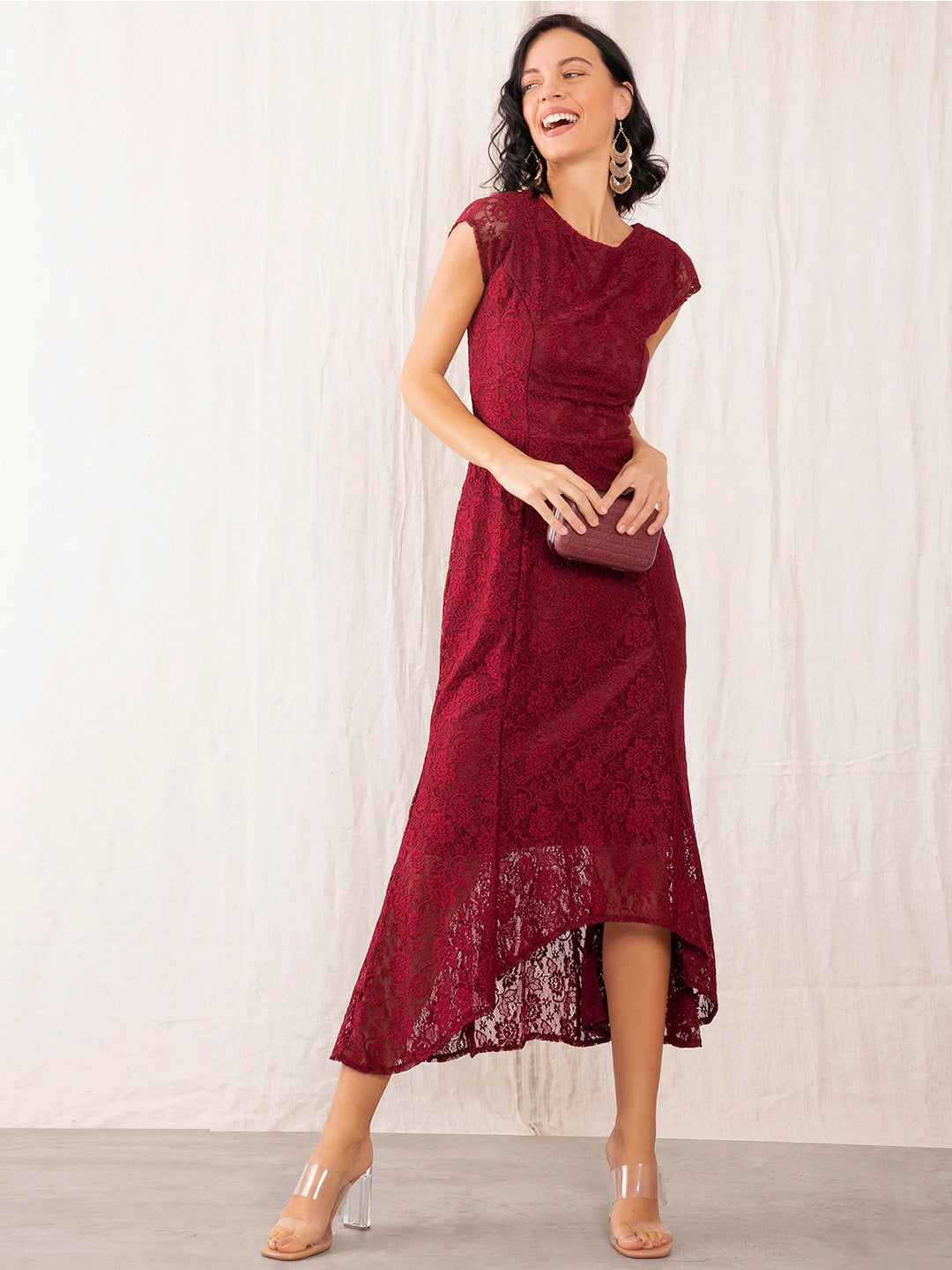 Maroon Self Design Fit & Flare Dress