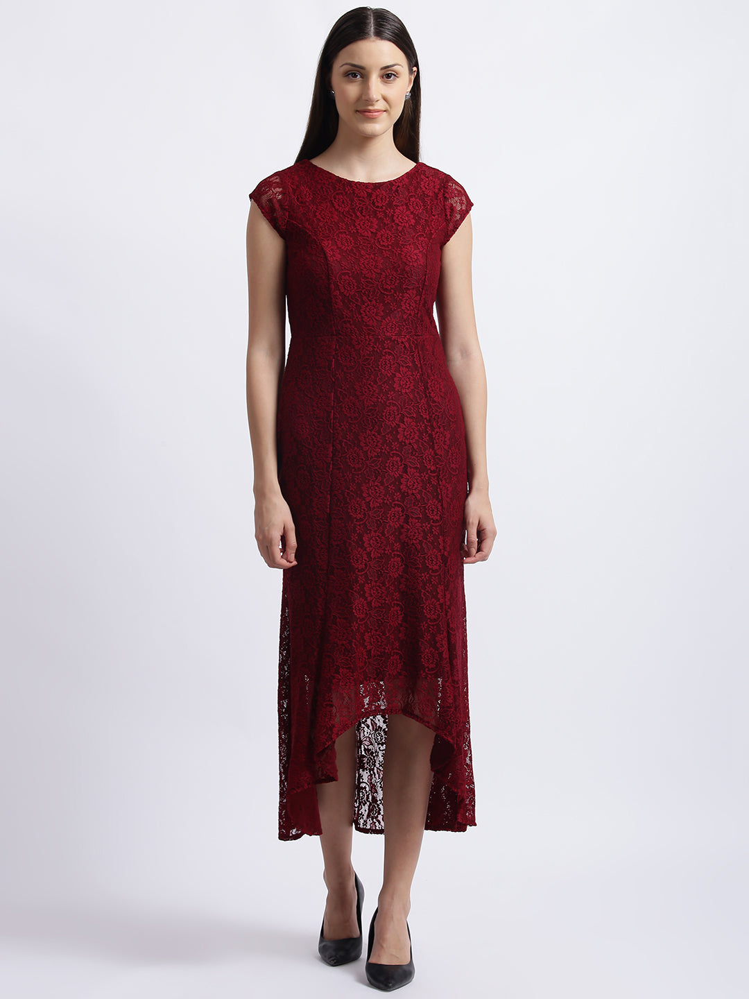 Maroon Self Design Fit & Flare Dress