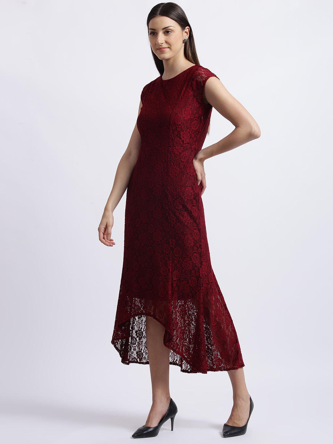 Maroon Self Design Fit & Flare Dress