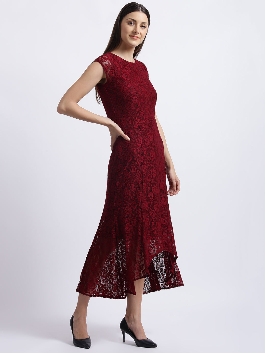 Maroon Self Design Fit & Flare Dress