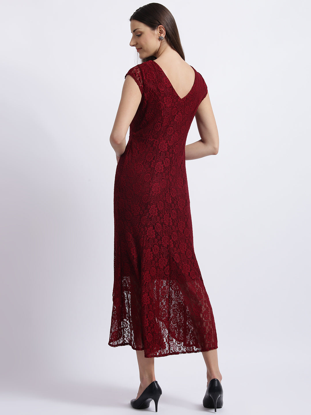 Maroon Self Design Fit & Flare Dress