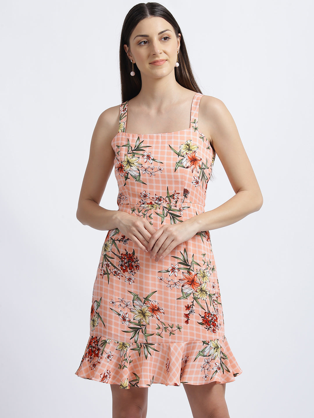 Peach Floral Print Peplum Dress