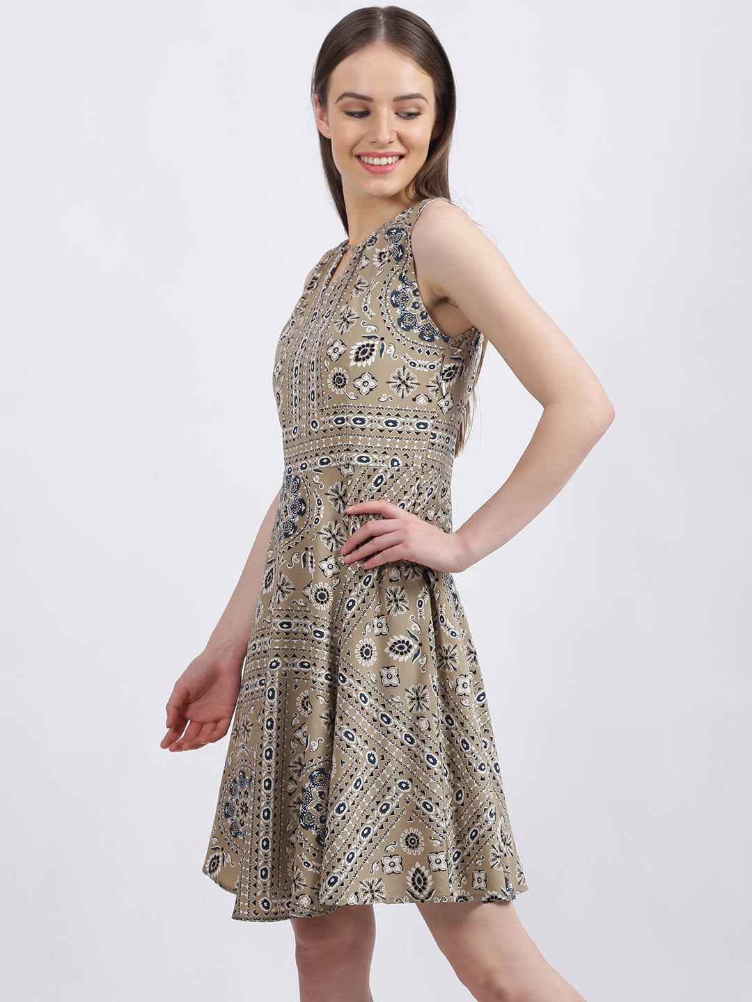 Beige Tribal Print Fit & Flare Dress