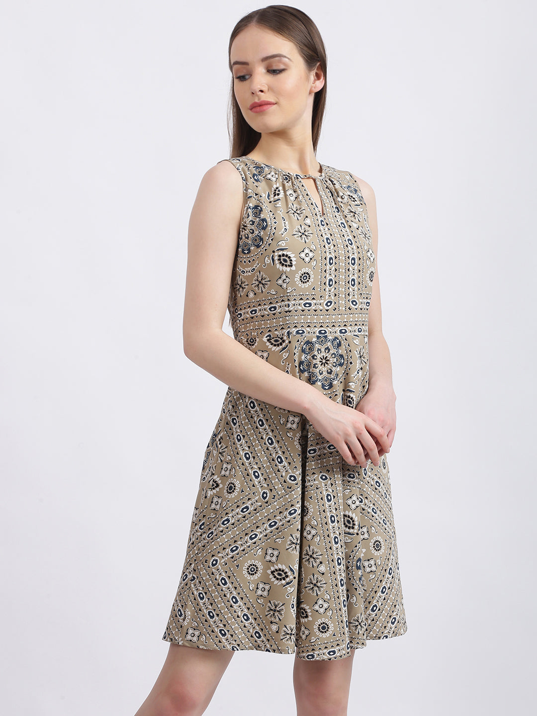 Beige Tribal Print Fit & Flare Dress