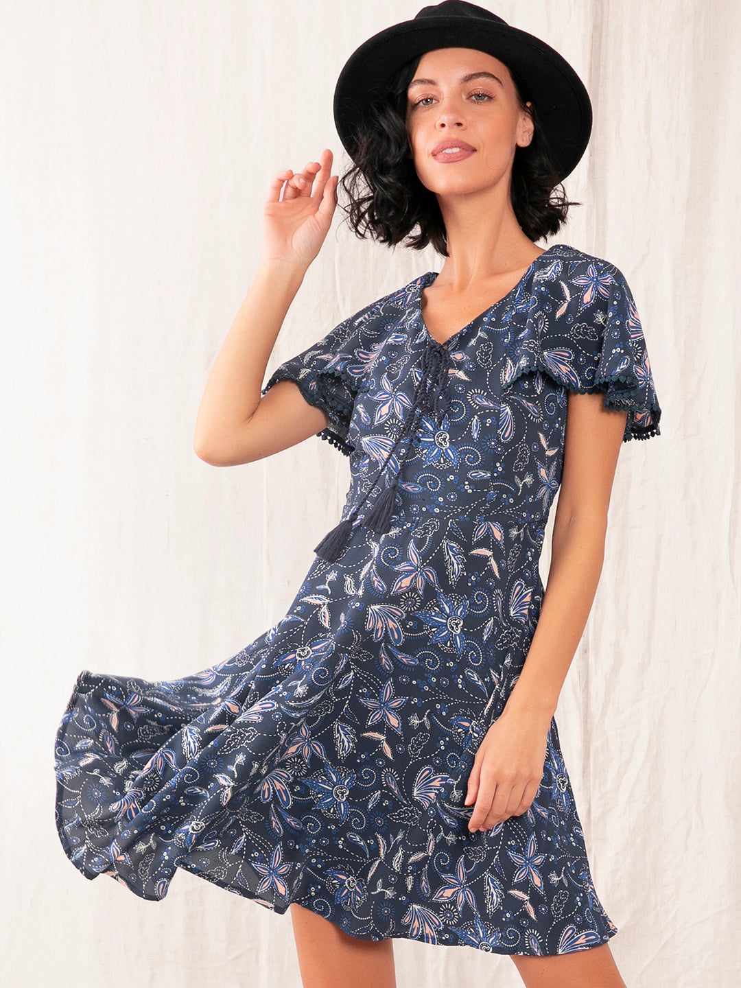 Blue Floral Print A-Line Dress