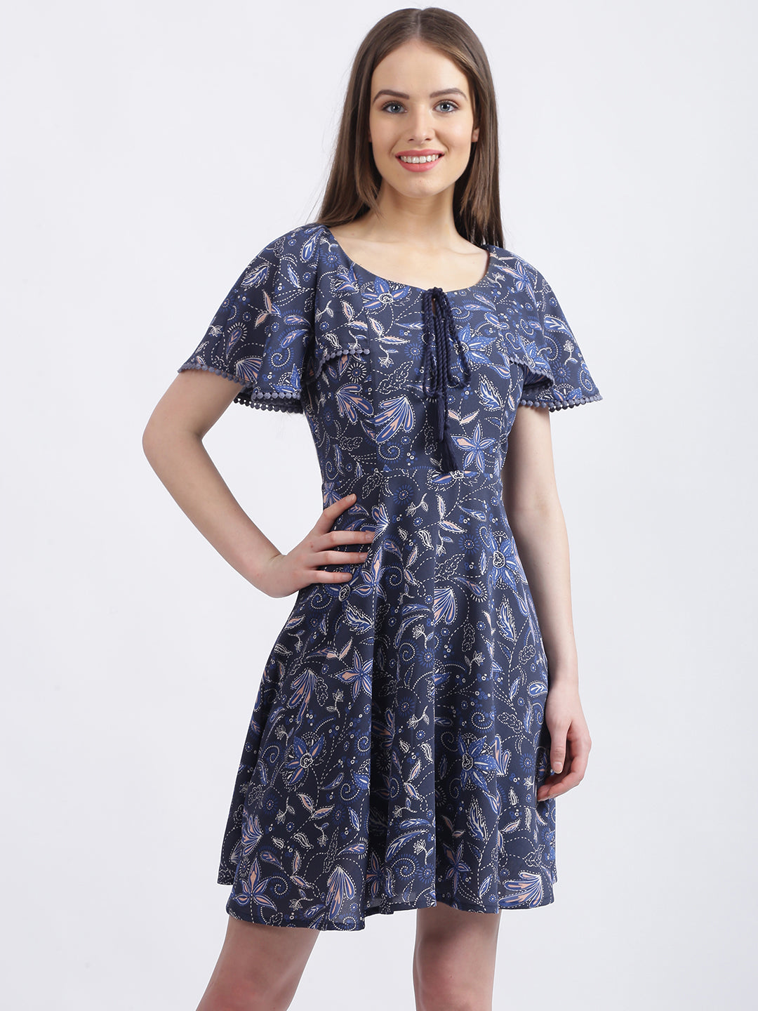 Blue Floral Print A-Line Dress