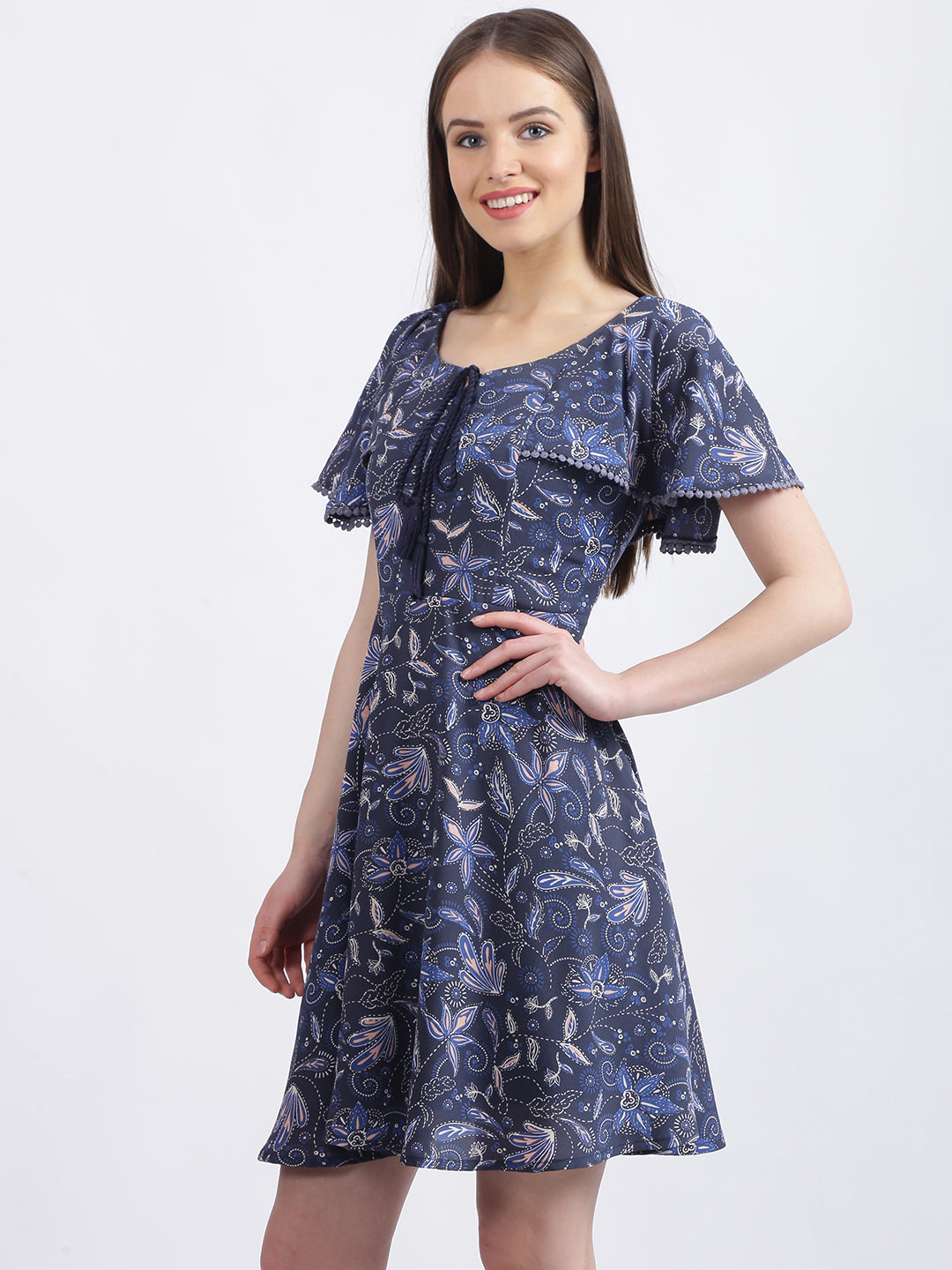 Blue Floral Print A-Line Dress