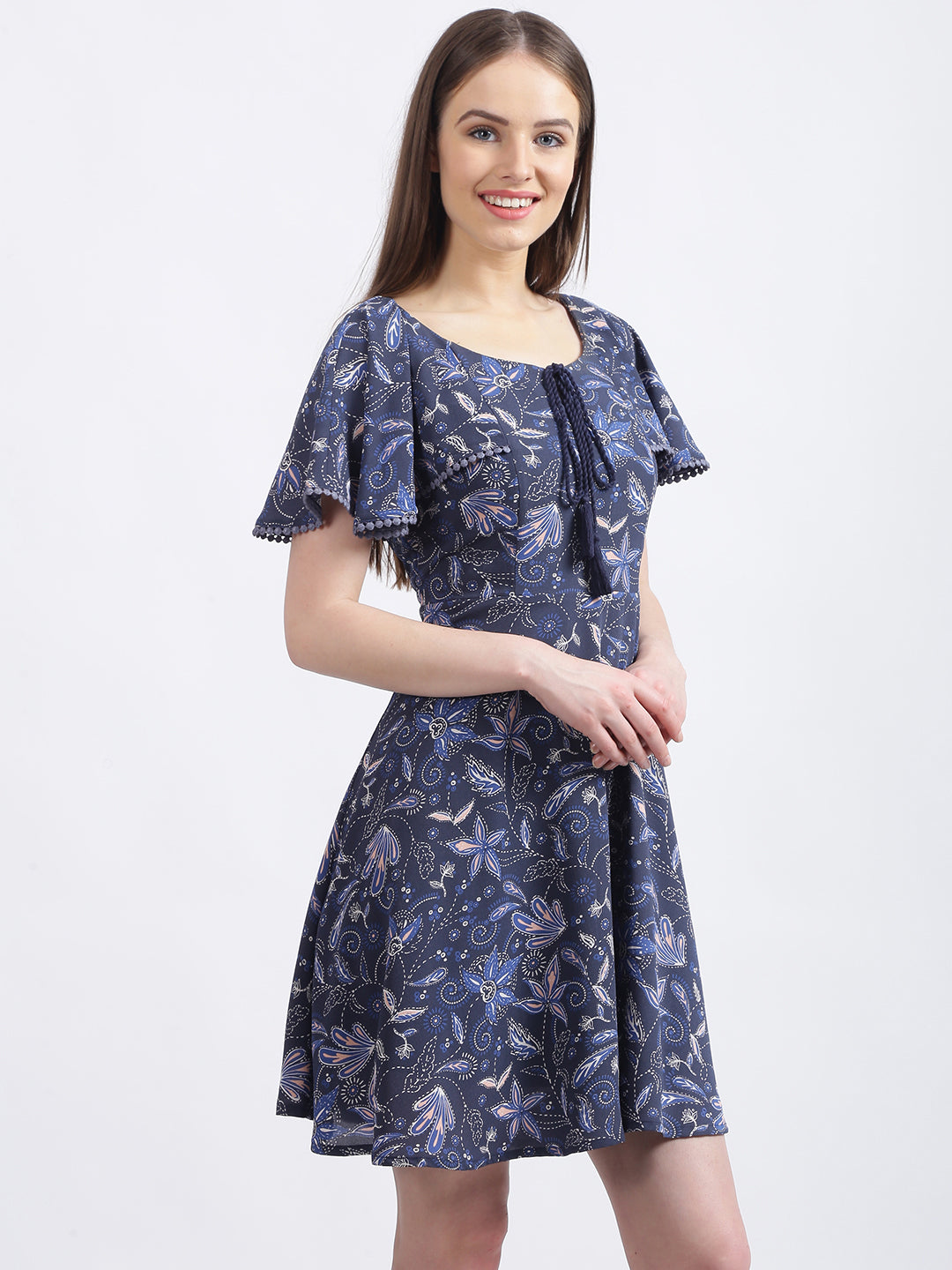 Blue Floral Print A-Line Dress