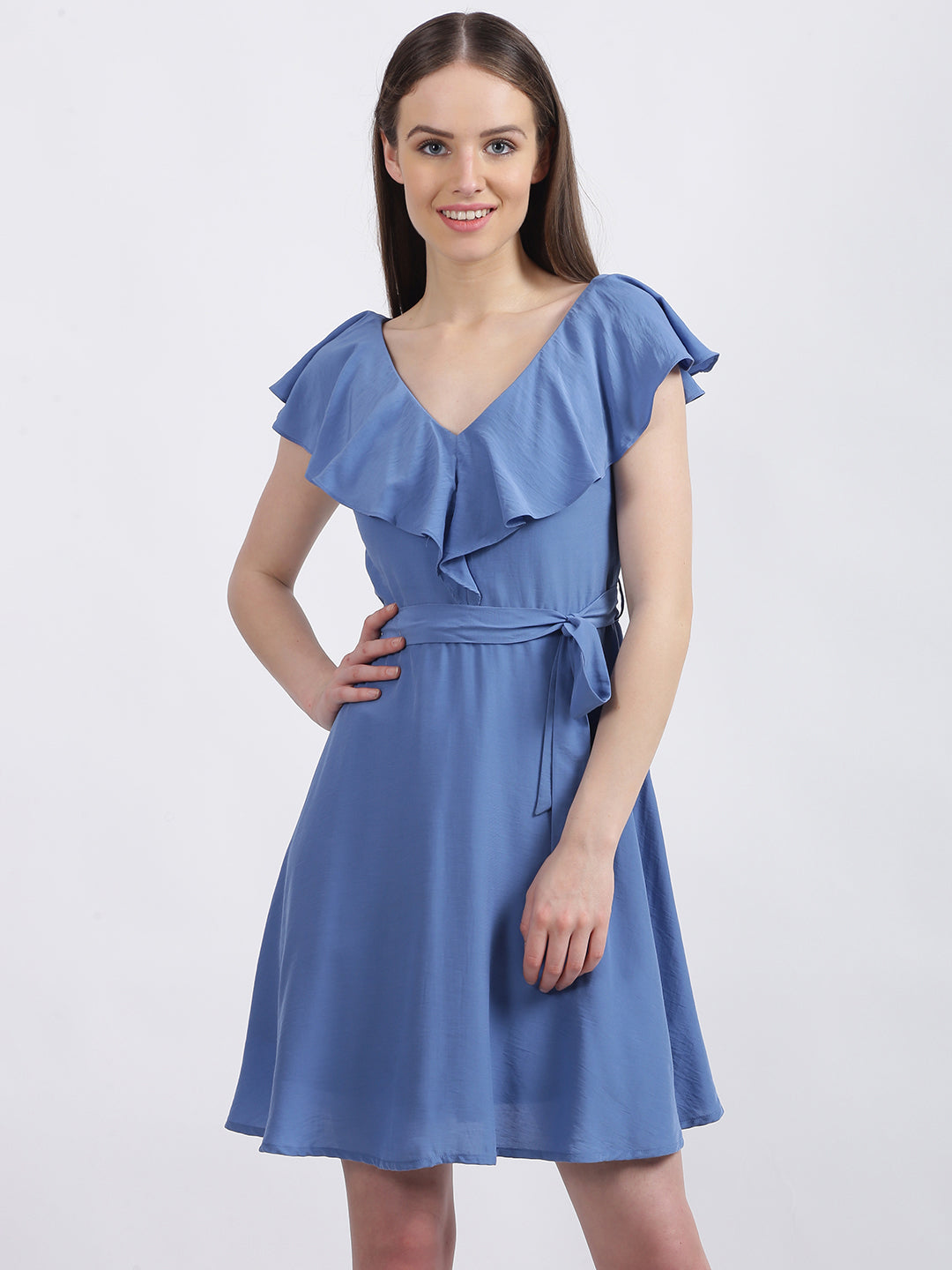 Blue Solid Fit & Flare Dress