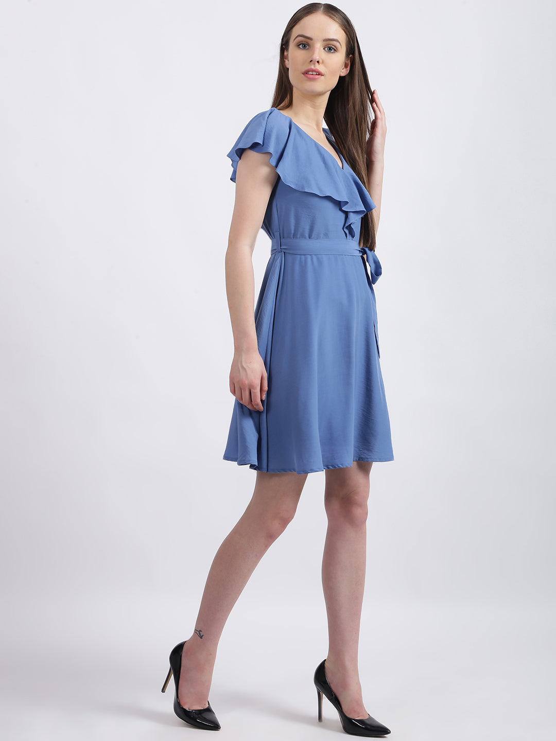 Blue Solid Fit & Flare Dress