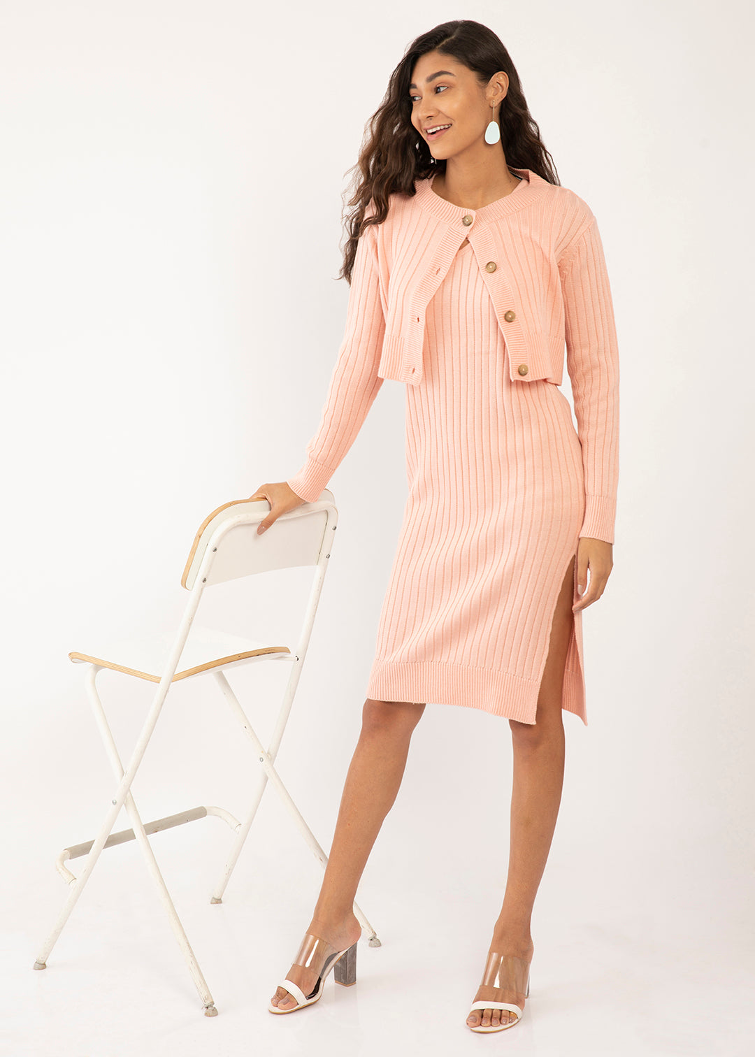 Peach Solid Fitted Straight Dress