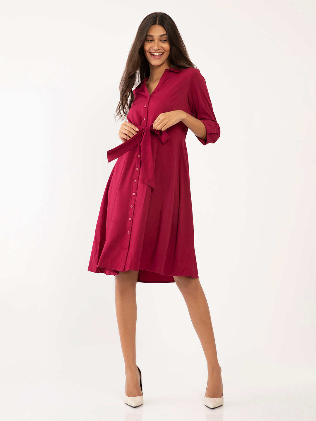 Red Solid A-Line Midi Dress